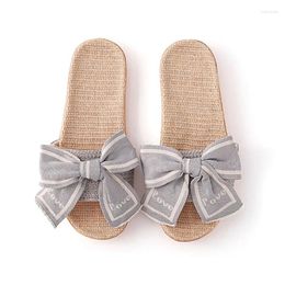 Slippers Women's Sweet Knitted Ribbon Bowknot Outside Soft Flat Casual Slides Shoes Cool Linen Woven Beach