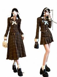 2024 Japanese and Korean plaid suit top length pleated skirt women's daily school uniform set vintage school uniform set o2so#