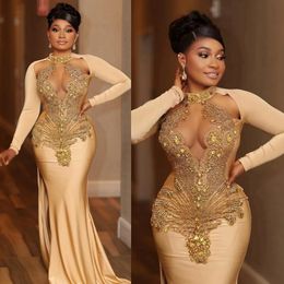 2024 Gold Prom Dresses for Black Women Promdress Evening Dresses Elegant Illusion High Neck Rhinestones Beaded Formal Gowns Long Sleeves Birthday Dress Gown AM622