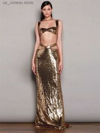 Urban Sexy Dresses 2 Pieces Golden Set Summer Evening Dress Shiny Sequins Sexy Ins Hot Girl Holiday Long Prom Party Dress Beachwear Robe De Marie T240330