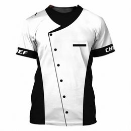 mens Chef T Shirt Work Uniform 3D Printed Ctrast Color Shirt Restaurant Kitchen Workwear Short Sleeve Food Service Top Costume g6tO#