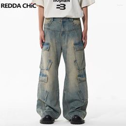 Men's Jeans REDDACHiC Patchwork Pockets Cargo Baggy Men Bleached Blue Elastic Waist 90s Retro Skater Wide Pants Y2k Casual Streetwear