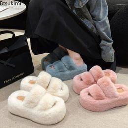 Slippers 2024 Women's Warm Plush Outerwear 7cm Thick Soled Winter Flip Flops Platform Mules Cotton Shoes Women