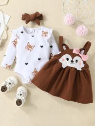 Dcohmch Baby Girls Fall Clothes Cute Squirrel Print Long Sleeves Romper and Suspender Skirt Headband Fall Outfits