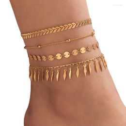 Anklets Bohemia Aircraft Chain Tassel Pendant Multilayer Feet Geometric Alloy Round Plate Rice Ball 4/pcs Set Anklet 21733