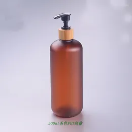 Storage Bottles 500ML 10/20pcs Frosted Amber Plastic Cosmetic Emulsion Lotion Pump Bottle Bamboo Head Shampoo Shower Gel Packing Container