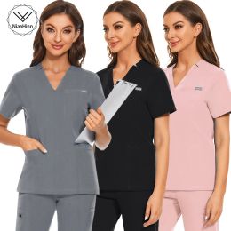 Women Scrub Top Medical Uniforms V-Neck Spa Uniforms Short Sleeve Nursing Workwear Doctor Overalls Veterinary Blouse Big Pockets