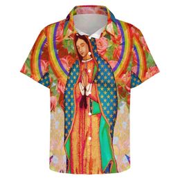 Virgin Mary Beach Shirt Man Rainbow Guadalupe Casual Shirts Blouses Short-Sleeve Stylish Oversize