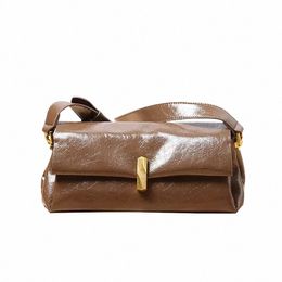 new Euro Style Oil Wax Glossy Cowhide Leather Flap Bag Sier Colour High-class French Design Women Crossbody Shoulder Bag E0EY#