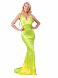 romagic Deep V Neck Sleevel Lace Up Strap Sunshine Satin Wedding Party Dr Backl Mermaid Cocktail Prom Evening Dres Z1TT#