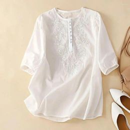 Women's Blouses Summer Eleagnt Shirts Women O Neck Floral Embroidery Blouse 3/4 Sleeve Work Tops Casual Loose Cotton Blusas Femme Tunic