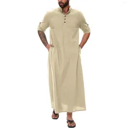 Ethnic Clothing 2024 Mens Middle Arabic Style Simple Long Button Muslim Robe Sleeve Side Slit Pocket