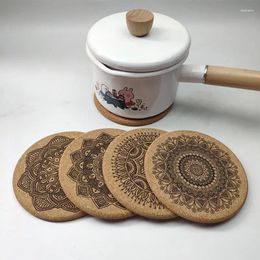 Table Mats 1set Nordic Mandala Pattern Round Cork Coasters With Holder Stand Rack Wooden Drinks Absorbent Mat Glass Cup Mug Pad Decor