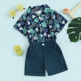 Clothing Sets Kids Toddler Baby Boy Summer Clothes Coconut Tree Leaves Print Short Sleeve Button Down Shirt Solid Color Shorts Set Hawaiian