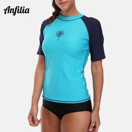 Anfilia Kobiety Kobiety z krótkim rękawem Rashguard koszulka stroju kąpielowego Patchwork Szybkość kąpielowa Surfing Top Turfing Shirt Sayme Guard UPF50+