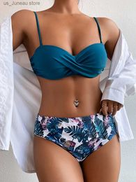 Women's Swimwear 2023 Bandeau Swimsuit Women High Waist Bikini Printed Swimwear Female Padded Bathers Bathing Swimming Swim Suit Beachwear T240330