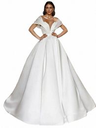 sexy V-neck Wedding Dres Simple Off Shoulder Side Split Backl Beach Floor Length Bridal Gown Elegant Vestidos De Novia Z6X8#