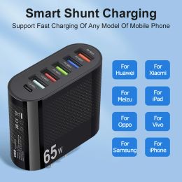 65W 6 Port USB Charger Quick Charge 3.0 Wall Charger For iPhone 15 14 Xiaomi Samsung PD Type C Fast Charging Phone Power Adapter