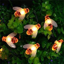 New Solar Powered Cute Honey Bee Led String Fairy Light 5m 20leds Bee Outdoor Garden Fence Patio Christmas Garland Lights 2023