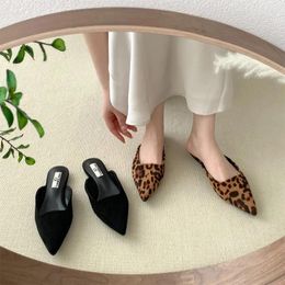 Slippers Leopard Print Wrapped Head Half Women Wear 2024 Fashion Pointy Thin Heel Sandals Without Heels