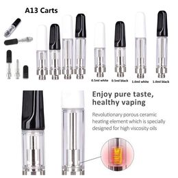 0.5ml 1.0ml Atomizers A13 Ceramic Coil Empty Vape Device Cartridges 510 Thread Thick Oil Vaporizer Glass Ceramics Empty Carts White Black Screw Mouthpiece In Foam Box