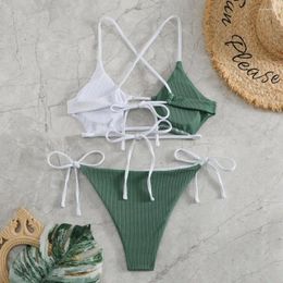 Women's Swimwear Contrast Colour Stylish Lace-up Bikini Set With Push Up Bra For Women Sexy Brazilian Swimsuit Summer Beachwear