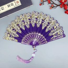 Decorative Figurines Gold Powder Folding Fan Hand Vintage Art Craft Held Chinese Style Plastic Dance Party