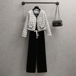 Women's Two Piece Pants Insozkdg Women Autumn Tweed Check Blazer Long Sets Vintage Small Aroma V-Neck Wide Leg Two-Piece Suit Set