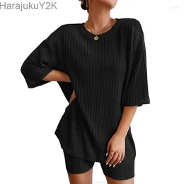 Home Clothing Women's Lounge Sets Pajamas Ribbed Knit Short Sleeve 2 Pieces Tshirt Bike Shorts Loungewear Summer Outfits Loose Set