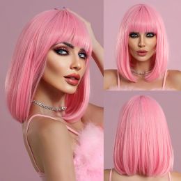 NAMM Short Straight Pink Wig for Woman Daily Party Cosplay Lolita Wig Natural Synthetic Bob Wig with Bangs Heat Resistant Fibre