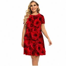 Rote Rose Blumendruck Dres für 2023 Frauen Fi Kurzarm A-Line Dr Sommer Oansatz Damen Lose Plus Größe Kleidung 6XL D35f #