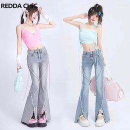 Women's Jeans REDDACHiC Bandage Flare With Slit Women Trousers Vintage Blue Grey High Waist Pants Tassels Patchwork Tall Girl Friendly