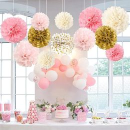 Party Decoration 12PCS Pink Gold Tissue Paper Flower Decorations Pom Poms For Engagement Birthday Bridal Baby Shower Backdrop Decor