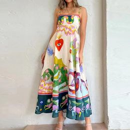 Poster Holiday Beach Dress Printed Graffiti Stitching Strap Ruffled For Women