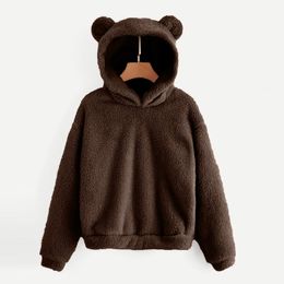 Fleece Warm Sweatshirts For Women Solid Cute Bear Ear Hoodies Long Sleeve Fleece Warm Sweatshirt Streetwear Fuzzy Hoodie