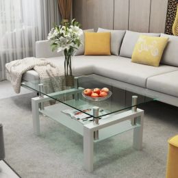 Rectangle Tempered Glass Coffee Table Metal Tube Legs End Table for Living Room, Silver mesas de centro para sala