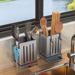 Kitchen Storage Plastic Draining Chopstick Holder Freestanding Wall-Mounted Cutlery Box Black/Grey With Hooks Utensil Rack Spoon