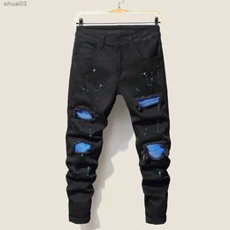 Men's Jeans 2022 Mens Jeans Cool Tear Tight Fit Mens Jeans Elastic Slim Fit Denim Pants Large Hip Hop Black Blue Casual Jogging JeansL2403