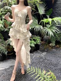 Casual Dresses Fashion 2024 Summer Sexy Long Holiday Dress Fairy Ruffles Irregular Strap Sleeveless Vacation Beach Seaside Po Skirt