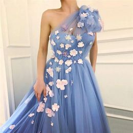 Party Dresses 2024 Fairy Blue Evening One Shoulder Handmade Flowers Pearls Tulle Graduation Long Gowns Prom Robes De Soirée