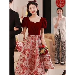 Ethnic Clothing Retro Temperament Qipao French Square Neck Elegant Party Dress Bridal Engagement Toast Clothes Large Size 3Xl Drop Del Ot5L9