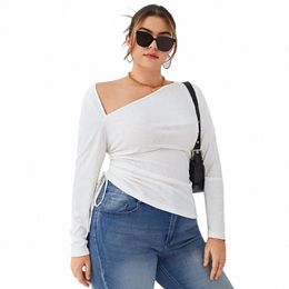 plus Size Irregular Shirt Women Lg Sleeve Crop Top Lady Fi Solid T-shirt 2023 Autumn Winter Elegant Ruched Crop Tops C7Tw#