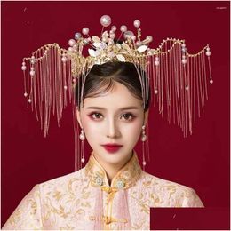 Hårklämmor Barrettes Brides Chinese Style Luxury Golden Tassel Phoenix Crown Dress Dragon and Coat HeadDress Accessories Drop Delivery Otbqy