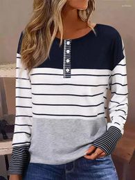 Women's T Shirts Women Long Sleeve Top Casual Blouses Dressy Tunic V Neck Colour Block Striped Button Office Wear Fall Winter Korean Y2k