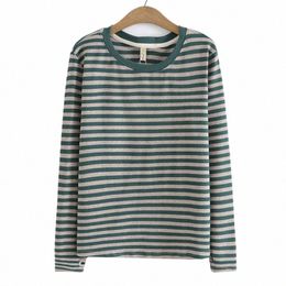 4xl Lg Sleeve T-Shirt Plus Size Women's Clothing Simple Striped Cott Knit Bottoming Tops Autumn Loose Casual Basic Tees p5SN#