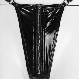 Womens Latex Patent Leather Lingerie Underwear Wetlook Zipper Crotch T-back G-string Thongs Glossy Low Waist Open Butt Briefs
