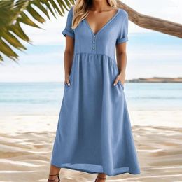 Casual Dresses Dress Elegant V Neck Maxi With Pockets For Women A-line Loose Hem Summer Beach Short Sleeves Tight Waist