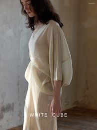 Casual Dresses Miyake Fold 2024 Spring Art Origami Arc Dress Seven-point Sleeve V-neck Solid Colour Skirt