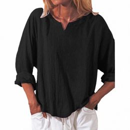 women's Solid Autumn Winter Cott Baggy V Neck Tops Lg Sleeve T-Shirt Casual Blouse High Quality Clothing Plus Size L-5XL Y3RN#