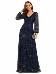 gorgeous Evening dres V-neck lg sleeve Legant waisted Floor-Length 2024 BAZIIINGAAA of Sequin Navy Blue Guest dr f2UJ#